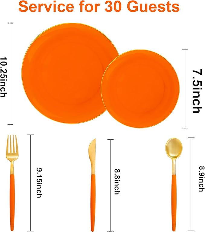 DaYammi 150Pcs Orange Plastic Plates & Gold Cutlery Set - Orange Disposable Plates with Gold Rim Includes 30 Dinner Plate,30 Dessert Plate,30 Knives,30 Forks,30 Spoons Perfect for Party Wedding