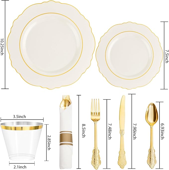 Liacere 350PCS Ivory Plastic Plates-Cream Disposable Plates With Gold Rim-50Guest Baroque Plastic Dinnerware include 100 Plates - 50 Pack Pre Rolled Napkins Silverware 50Cups for Wedding&Mother's Day