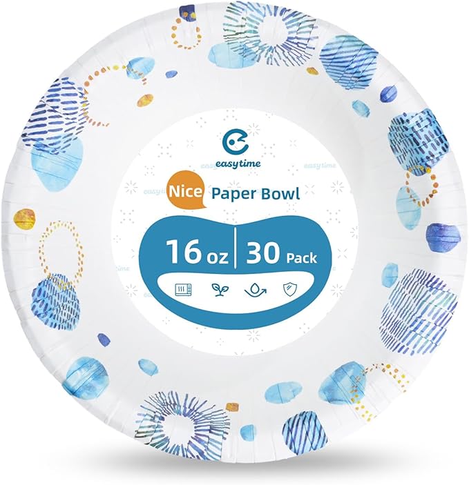 30 Pack Paper Bowls, 16 Oz Disposable Soup Bowl, Heavy Duty Printed Disposable Bowls Bulk For Snacks, Dessert, Breakfast, Lunch And Dinner Meals (Blue)