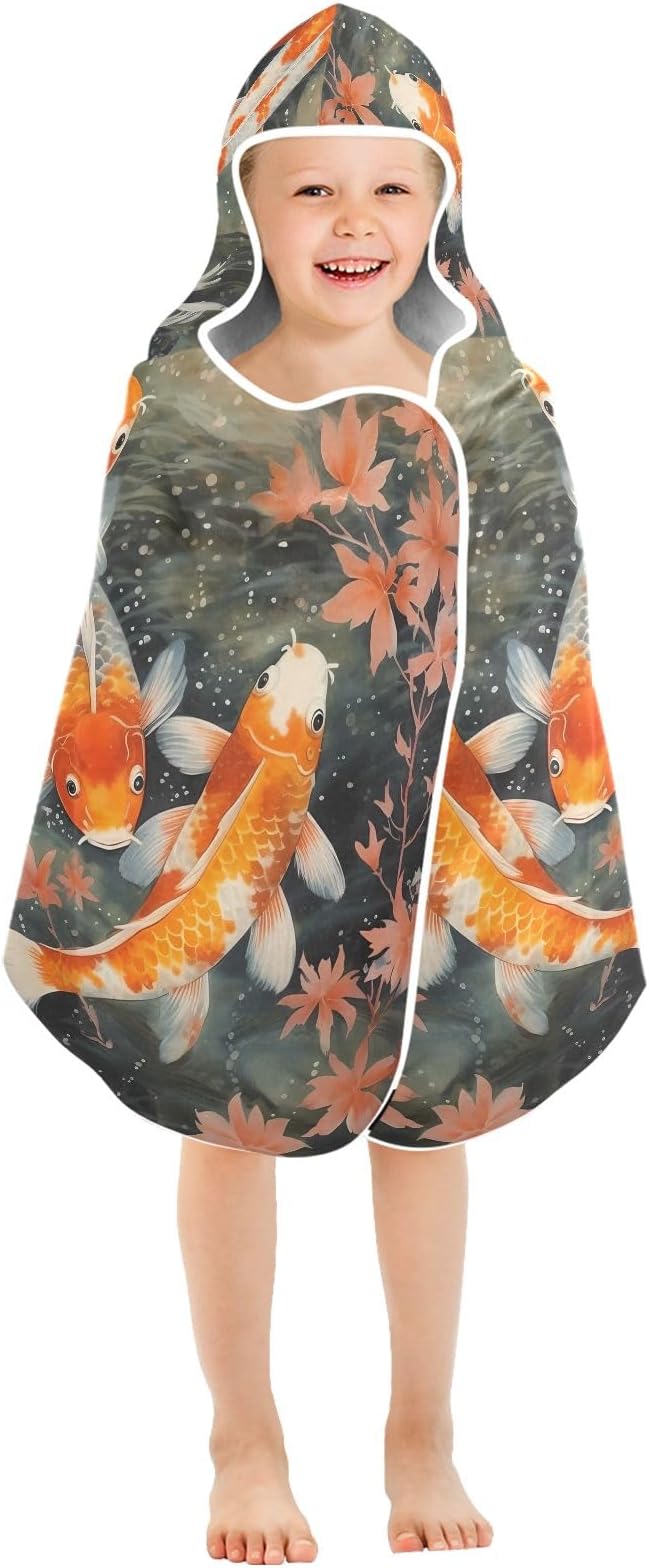 Hooded Towel for Kids Lovely Koi Fish in The Water Beach Wrap Bath Towels 50x23.5in