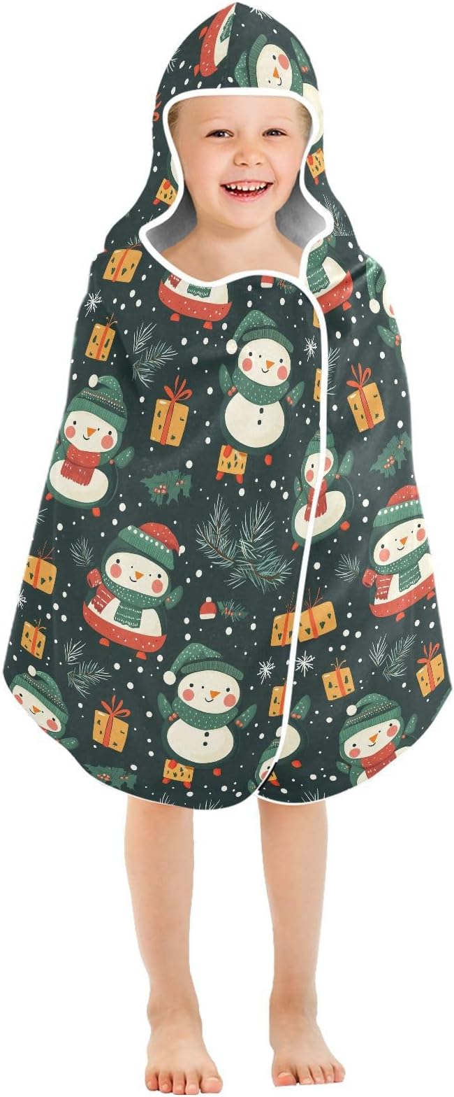 Kids Beach Towels Cartoon Cute Snowman Christmas Green Hooded Towels for Kids Absorbent Bath Towels with Hood