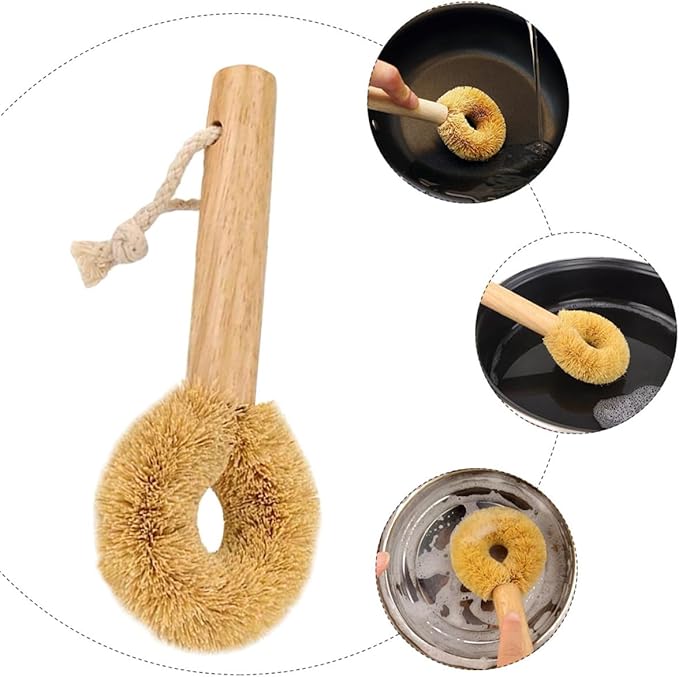 1pc Wooden Handle Coconut Palm Pot Scrubber Brush for Kitchen Cleaning Natural Bowl Cleaning Tool Comfortable Grip for Pots Pans and Dishes