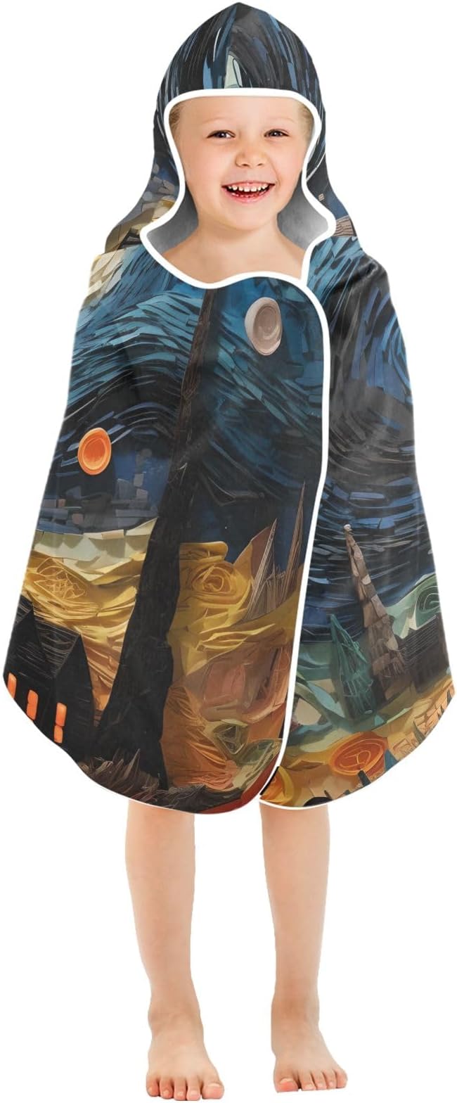 Hooded Towel for Kids House and Starry Night Oil Painting Beach Wrap Bath Towels 50x23.5in