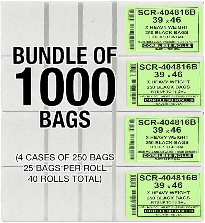 Aluf Plastics 45 Gallon 16 Micron (eq) Black Trash Bags - 39" x 46" For Home, Office, & Bathroom (Pack of 1000)