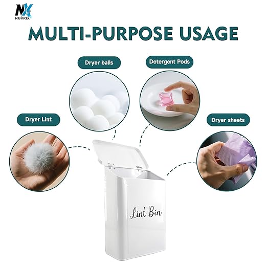 Magnetic Lint Bin for Laundry Room, Wall Mounted Metal Lint Box Holder Trash Can with Lid for Dryer, Lint Basket for Laundry Room Organization,Dryer Trash Can with Soft Lint Brush and Hooks