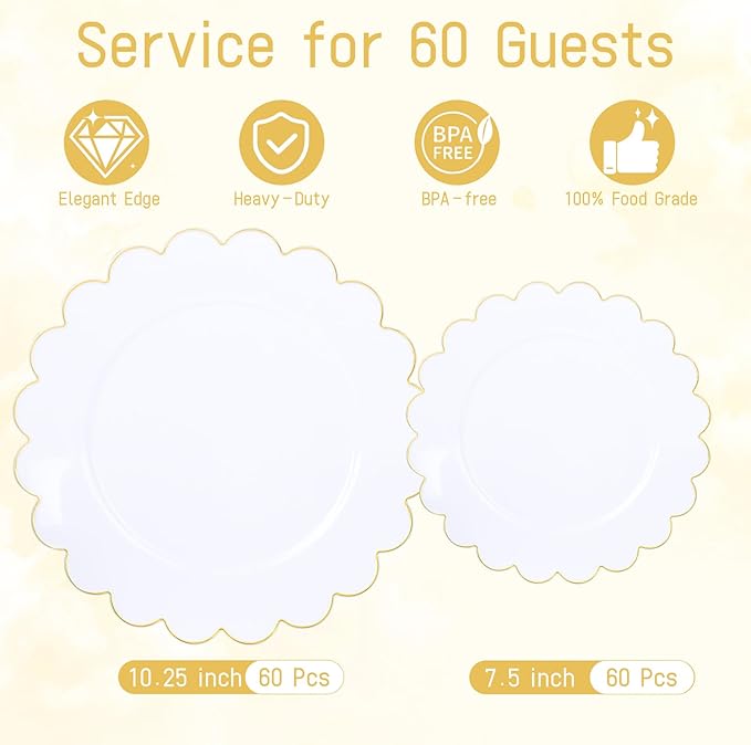 LIYH 120 Pcs White Plastic Scalloped Plates - Gold Fancy Disposable Plastic Plates Includes 60 Dinner 10.25" & 60 Dessert Plate 7.5" Elegant Gold Rim for Party Birthday Day