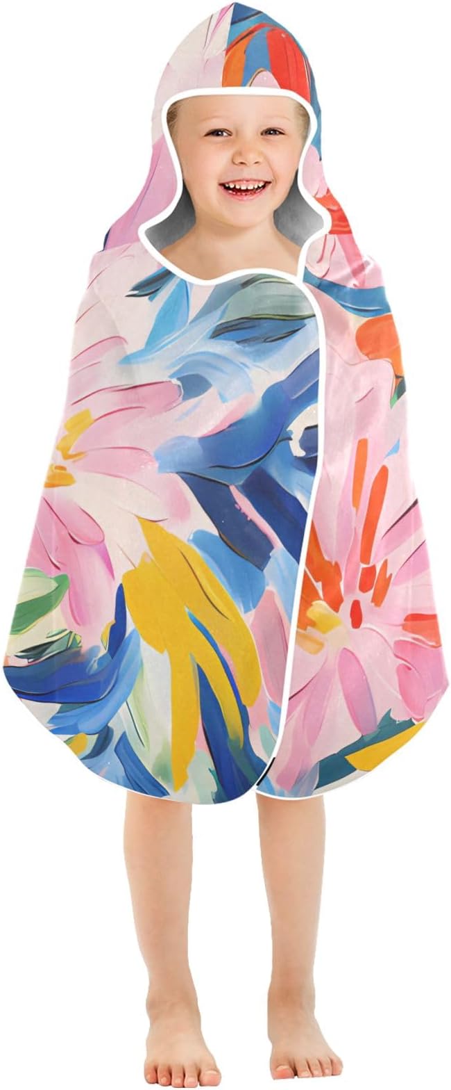 Hooded Towel for Kids Artistic Floral Pattern Beach Wrap Bath Towels 50x23.5in