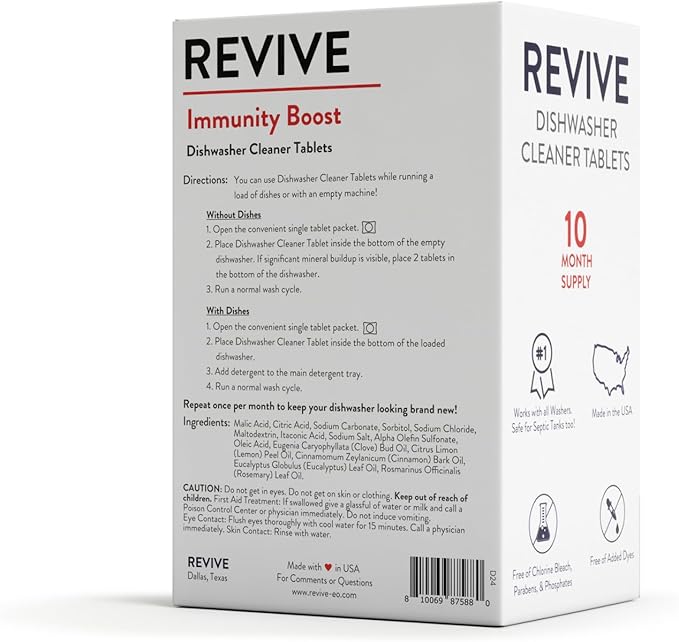 Immunity Boost Washing Dishwasher Cleaner Tablets 10ct by Revive Essential Oils - 10 Month Supply, Synthetic Fragrance Free, Removes Limescale, Grease and Odors, Made with Essential Oils
