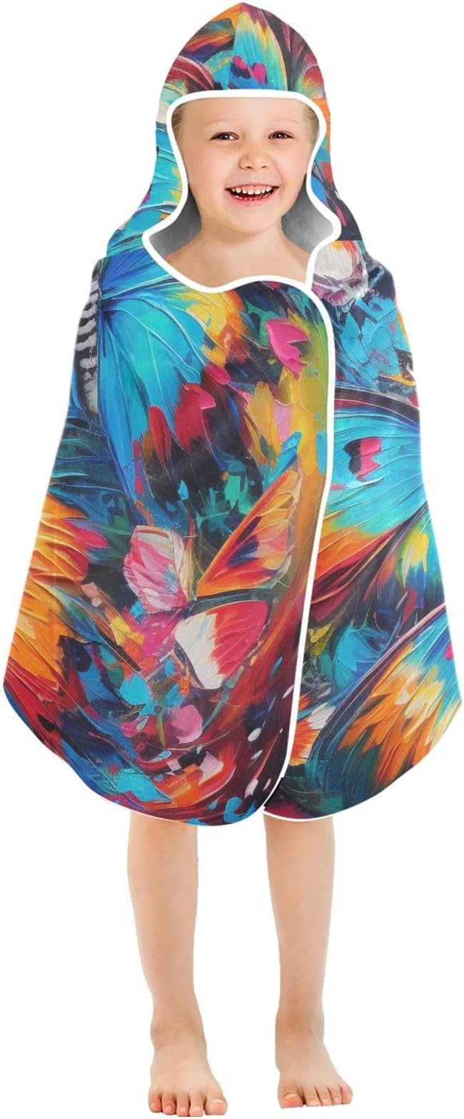Hooded Towel for Kids Bright Color Butterflies Painting Beach Wrap Bath Towels 50x23.5in