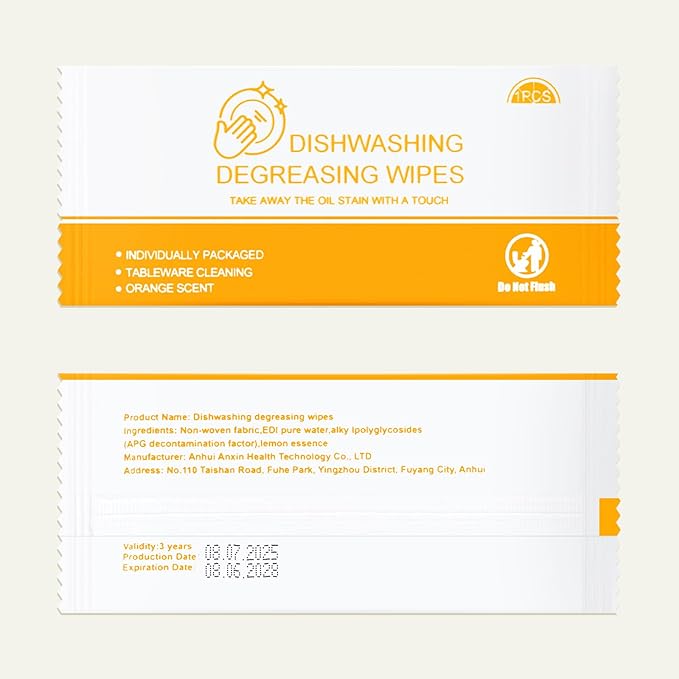 Dish Cleaning Wipes Individually Wrapped Travel Dish Soap Wipes Orange Scent 7.7”x 7.3“ Disposable Wipes Portable for Kitchen Outdoor Traveling Camping RV Quick Clean (100)