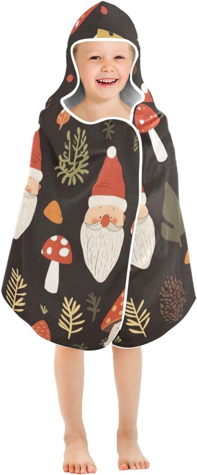 Beach Towels for Kids Cartoon Cute Gnome Mushroom Black Hooded Beach Towel for Girl Boy Lightweight Toddler Bath Towels