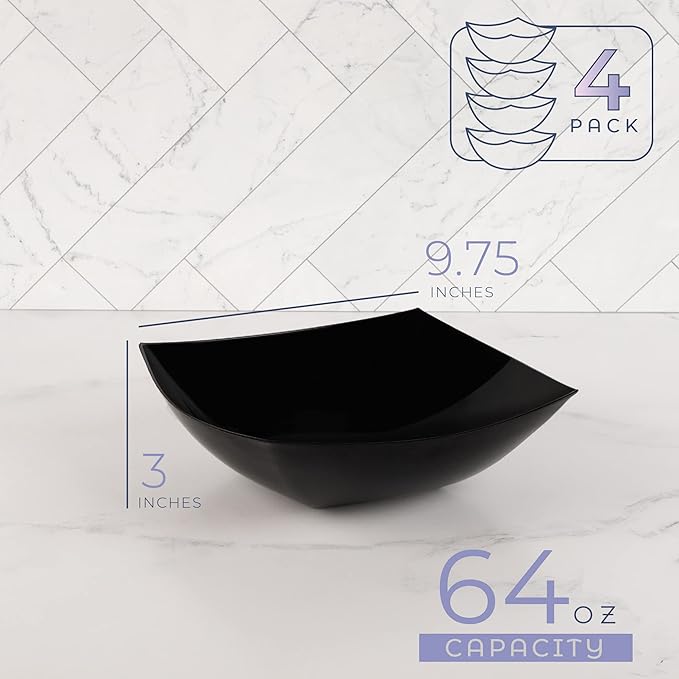 PLASTICPRO Disposable Square Serving Bowls, Party Snack or Salad Bowl, Plastic Black Pack of 4, 64 OUNCE, Black