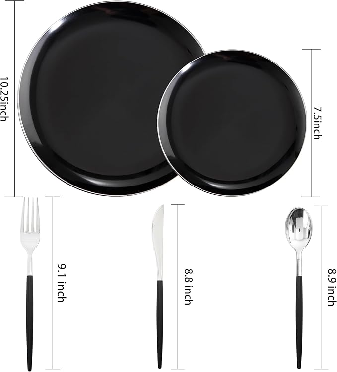 DaYammi 30 Guests Black Plastic Plates with Disposable Silverware,Silver Cutlery with Black Handle,Silver Disposable Dinnerware:60 Dinner/Dessert Plates,90 Plastic Silverware Set for Party Wedding