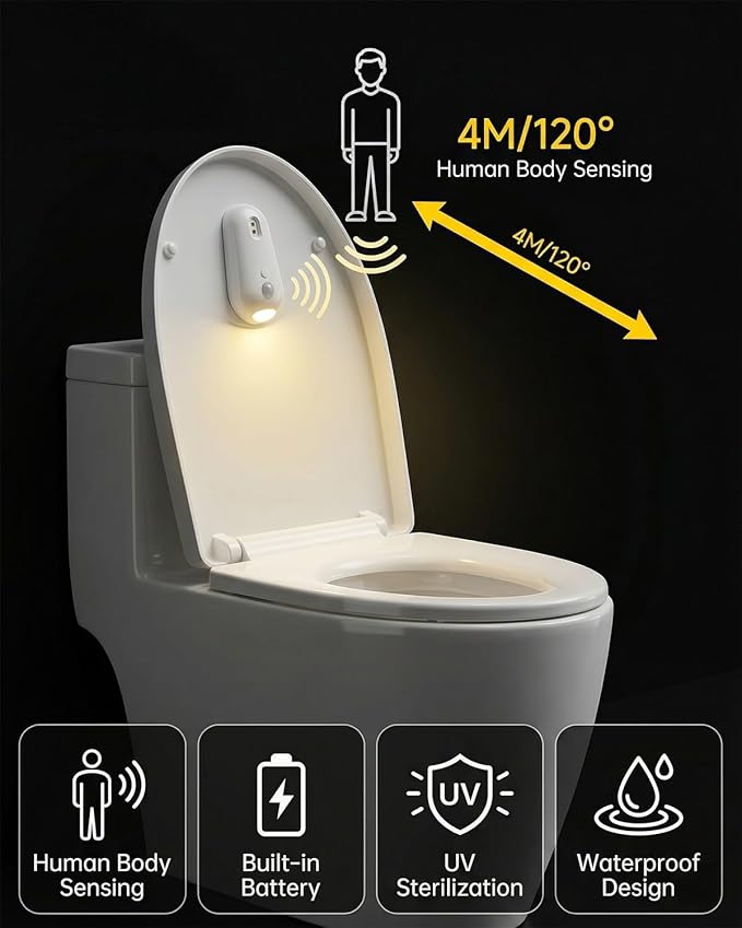 Self Cleaning UV Toilet Sanitizer and Night Light Elderly Motion Activated Rechargeable Toilets Lights Adhesive Sensor Smart Shared Bathroom Automatic Toilet Nightlight Mounted Bowl Seat(2pcs)