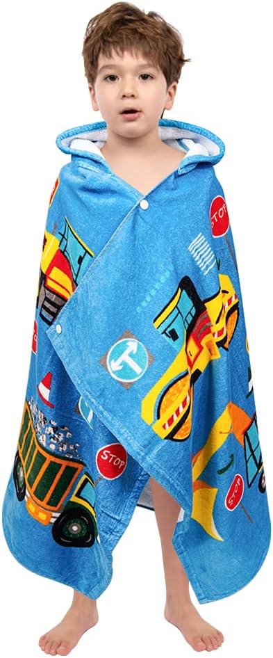 Florica Kids Hooded Bath Beach Towel Girls Boys, Super Absorbent & Soft Towel Poncho for Shower/Beach/Pool Child Cover ups 50"x30" Large Towel Wrap (Blue Vehicle)