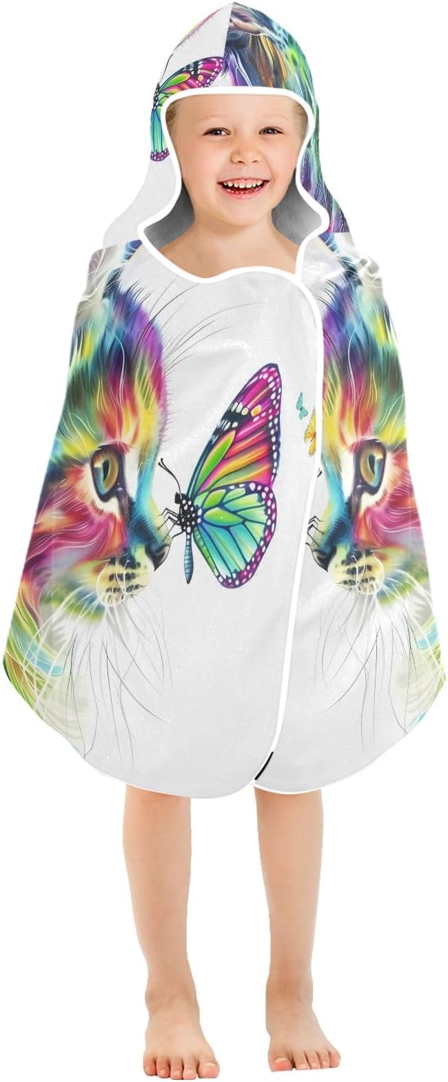 Hooded Towel for Kids Cat of Multiple Colors Staring at Butterfly Beach Wrap Bath Towels 50x23.5in