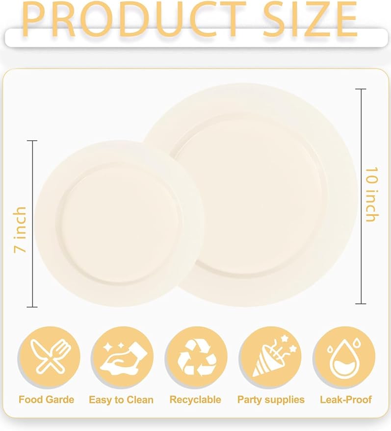 WDF 200PCS Ivory Plastic Plates - Elegant Ivory Disposable Plates for Party- Include 100 Dinner Plate 10inch and 100 Plastic Dessert Plate 7inch Perfect for Party/Baby Shower/Wedding/Birthday
