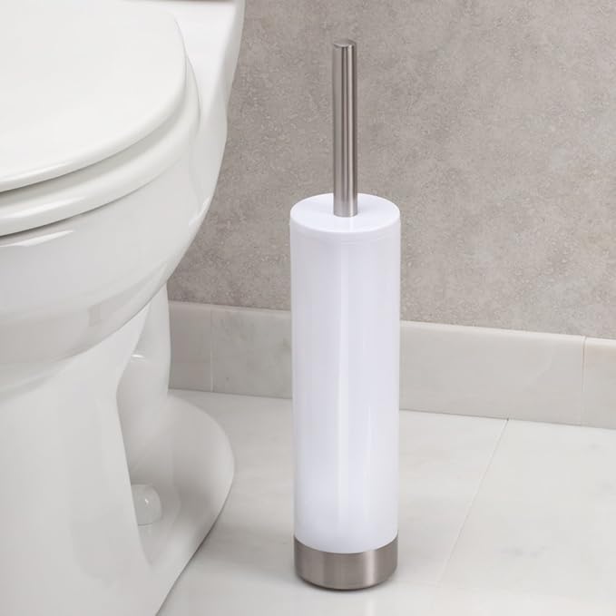 iDesign Slim Toilet Bowl Brush and Holder for Bathroom Storage - White/Brushed Stainless Steel, 1 x Toilet Brush