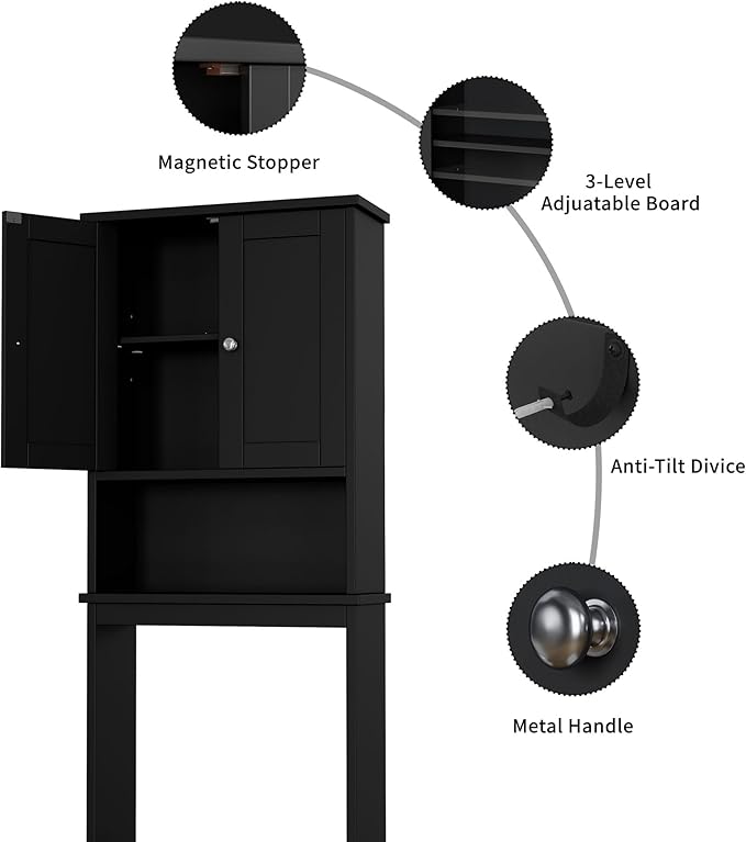 Shintenchi Over the Toilet Storage Cabinet, Bathroom Shelf Organizer with Anti-Tip Device Small Freestanding Space Saver with Adjustable Shelf,Black