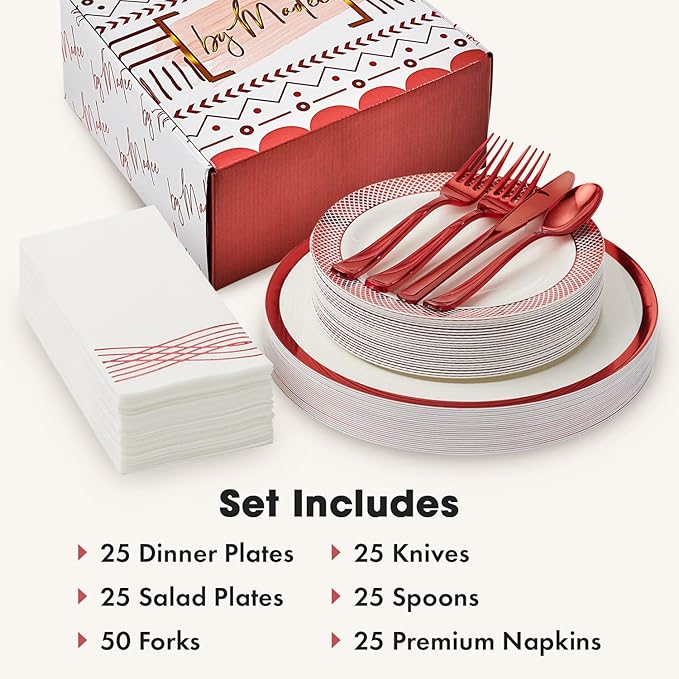 By Madee HEAVYWEIGHT Red Party Plates Set 175 Piece Fancy Plastic Dinnerware Sets | Red Plates and Napkins Cutlery | Elegant & Nice for Wedding Bridal Shower (25 Guests)