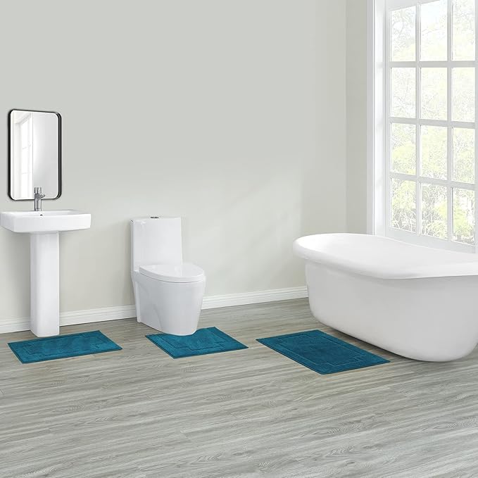 Bath Rugs Set 3 Pieces Bathroom Mat Soft Absorbent Plush Shaggy Soft Floor Non Slip Shower Bath Tub Machine Washable (Teal-ser, 20"x32"/20"x20"/17"x24")