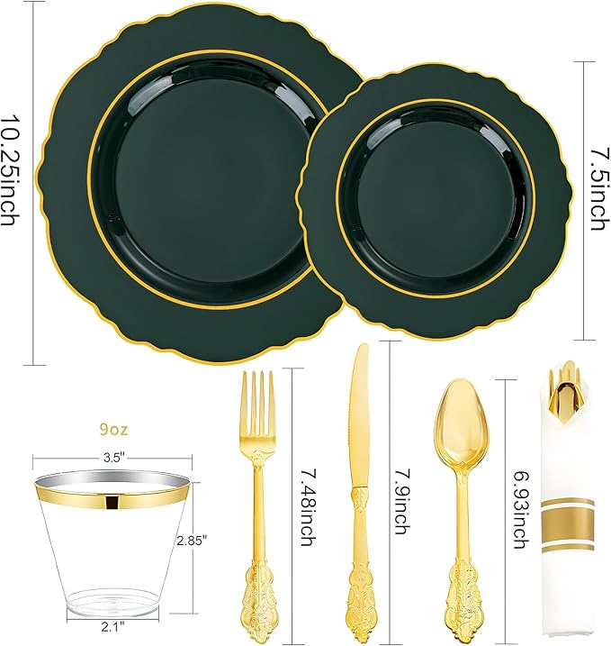 Liacere 350PCS Green Plastic Plates - Dark Green Disposable Plates With Gold Rim - 50Guest Baroque Plastic Dinnerware include 100Plates-50Pcs Pre Rolled Napkins with Silverware 50Cups for Party
