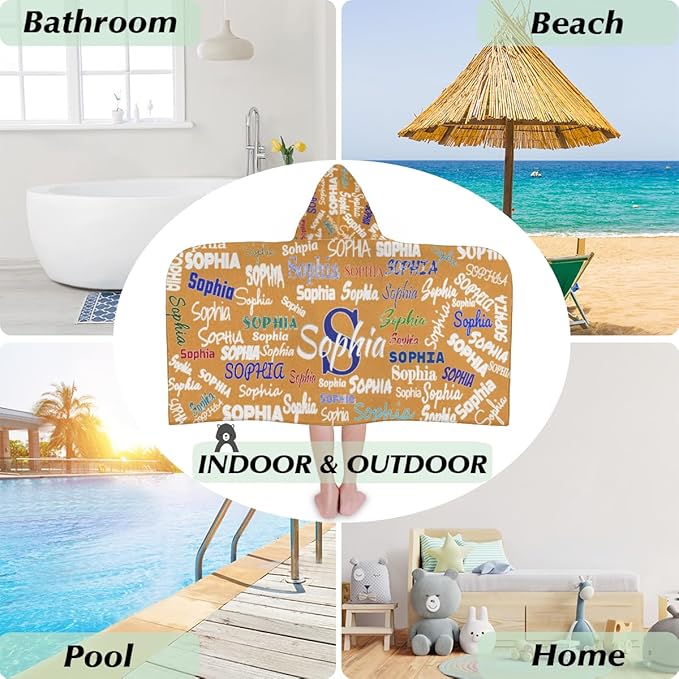 Personalized Hooded Kids Beach Towels - Toddler Bath Towel Girls Boys Swim Cover-ups for Children Pool Towels Lightweight Soft Beach Poncho 24x50IN, Orange Color Background