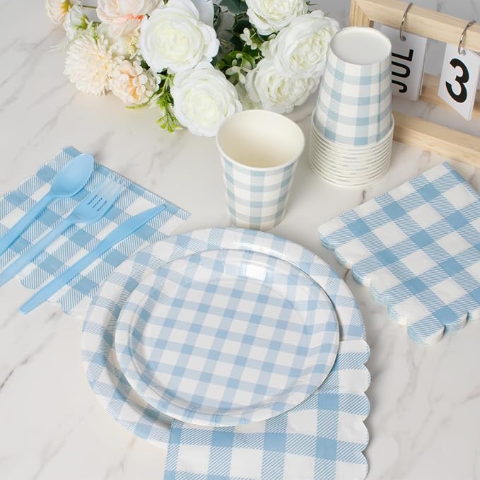 Vyntra 175 Pcs Blue & White Checkered Gingham Paper Plates and Napkins Set for 25, 9" Dinner Plates & 7" Dessert Plate, Baby Boy Shower Birthday Party