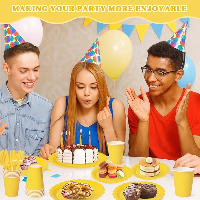 Vyntra 175 Pcs Yellow Disposable Paper Plates and Napkins Set for 25, 9" Dinner Plates & 7" Dessert Plates, Tableware for Birthday, Baby Shower, Picnic, Party