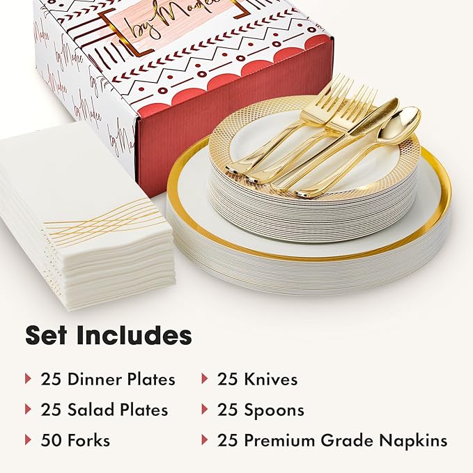 By Madee HEAVYWEIGHT Fancy Plastic Dinnerware Sets – White and Gold Disposable Plates, Premium Cutlery & Linen-Like Napkins | Elegant Disposable Dinnerware Set - 175 Pc for 25 Guests