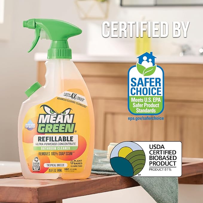 Mean Green Refillable Ultra Powered Bathroom Cleaner Concentrate, Tropical Breeze, 14.3 fl oz – Plant & Mineral Based, Removes 100% of Soap Scum, Refillable Bottle Makes 4X Refills
