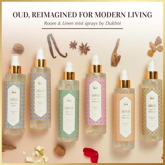 Oud al Awatef Arabic Room Spray by Dukhni | 250ml Oud fragrance Air Freshener, Attar al Faraash for home & prayer mats | Bed linen, Sofa Mist, natural home scent, curtain spray, odour eliminator