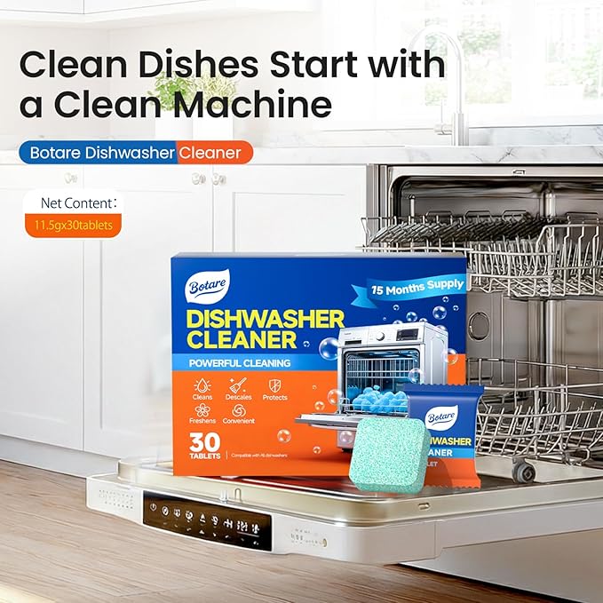 Dishwasher Cleaning Tablets -30 Pack Cleaner and Deodorizer -15 Month Suply for Hard Water Dish Washer Machine, Non Toxic Tabs for Dish, Septic Safe & Odor Remover, Lemon Scent