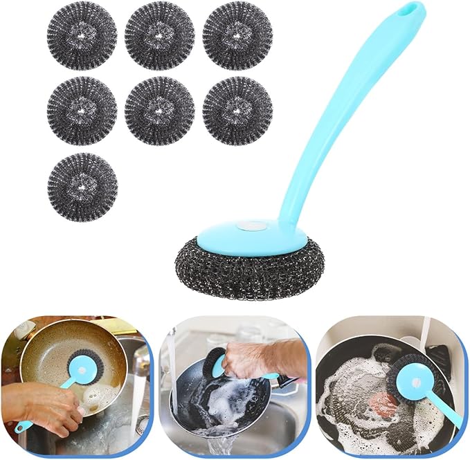 Kitchen Pot Scrubber with Handle and 8 Stainless Steel Wire Balls Dish Cleaning Brush for Pots Pans Sinks 9.64X3.14X2.55In