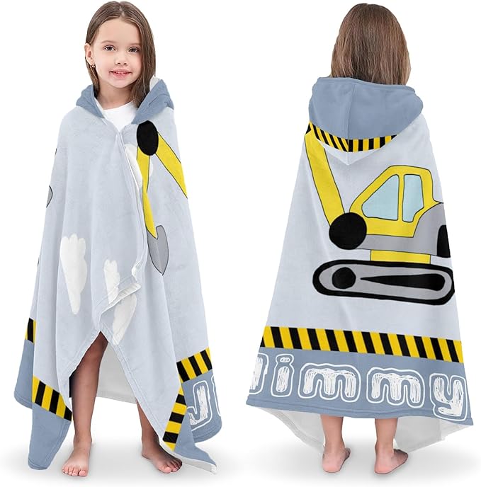Kids Hooded Towels Construction Car Excavator Digger Soft Towel Rode Poncho 30X50 inches Beach, Bath, Pool Towels for Girls Boys