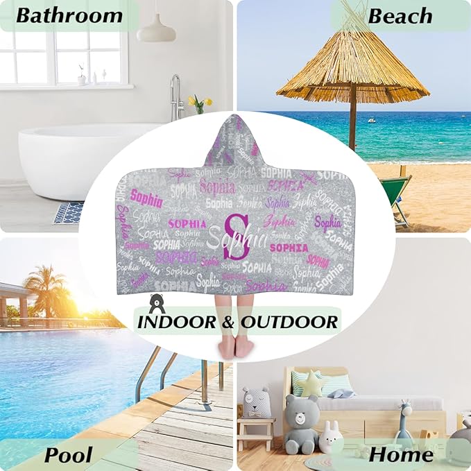 Personalized Hooded Bath Towel Wrap - Large Hooded Kids Towel Toddler Shower Pool Beach Towel Soft Plush Absorbent Quick Dry Towel, 24x50in, Name Ranked Silver Glitters Effect Print