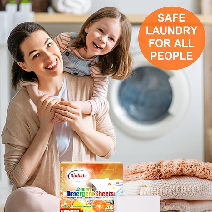 Binbata Laundry Detergent Sheets, 200 Loads Citrus Charm Scent Hypoallergenic Eco-Friendly, Biodegradable Plastic Free Liquidless Laundry Sheets Suitable for Sensitive Skin