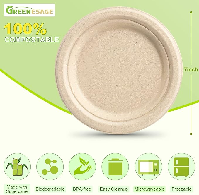 Small Paper Plates, 7 Inch, 50 Pack Disposable, Compostable, Eco Friendly, Heavy Duty for Daily Meals, Natural