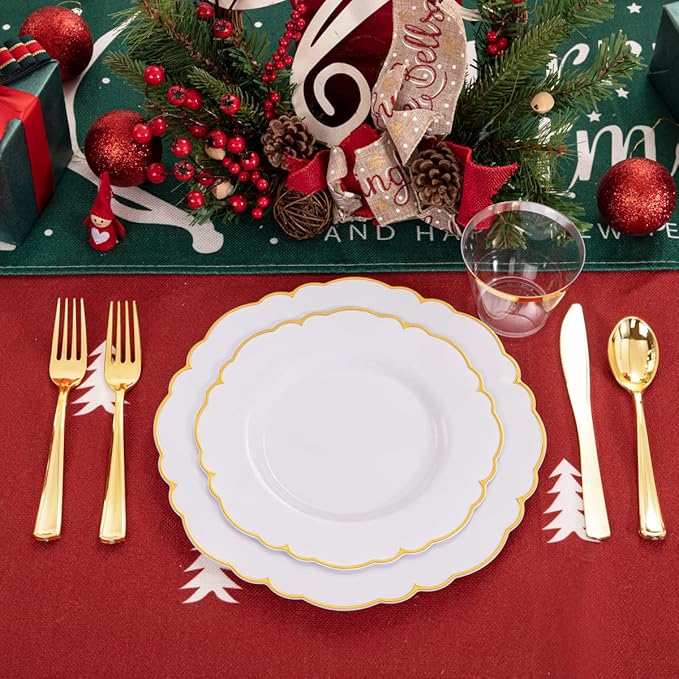 Morejoy 175PCS Gold Plastic Plates,White Gold Disposable Plates with Pre Rolled Napkins:25 Dinner Plates,25 Dessert Plates,25 Spoons,25 Forks,25Knives,25Cups,25Napkins for Party & Mother's Day