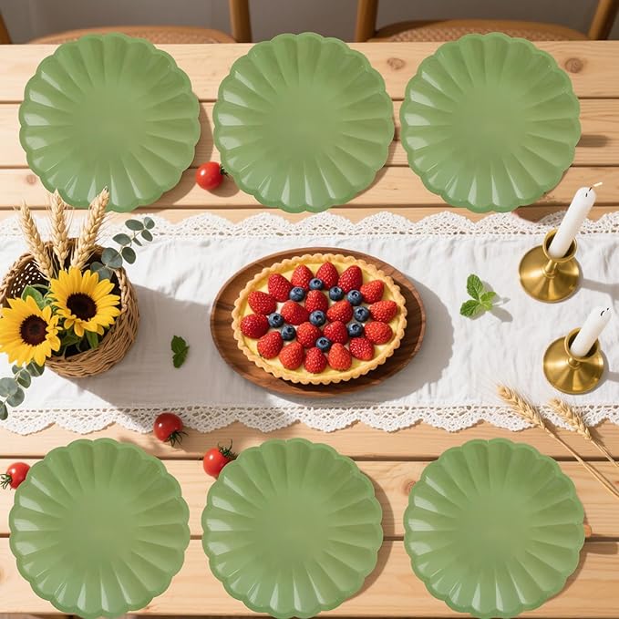 50Pcs Large Scalloped Sage Green Paper Plates 9Inch Shell Edge Dinner Plates for Cake Salad Fruit Disposable Dinner Serving Plates for Birthday Wedding Baby Shower Party Decorations
