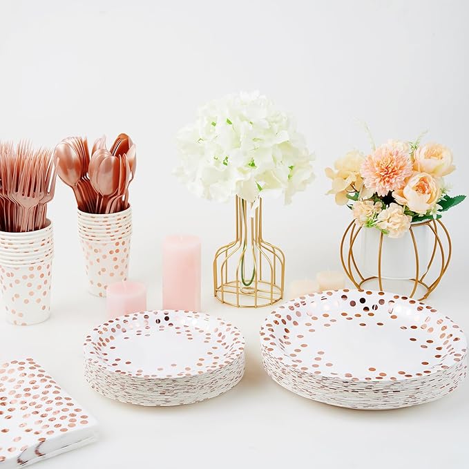 White and Rose Gold Party Supplies - 350 PCS Disposable Dinnerware Set - White Paper Plates Napkins Cups, Gold Plastic Forks Knives Spoon for Graduation, Birthday, Thanksgiving, Cocktail Party