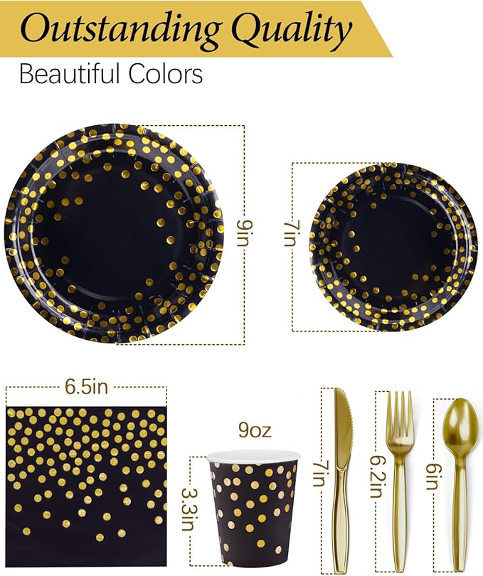 350 Pieces Party Supplies, Black and Gold Party Plates Cups and Napkins Sets with Plastic Knives forks spoons, Disposable Tableware Serves 50 Sets for Wedding, Birthday, Graduation, Festivals