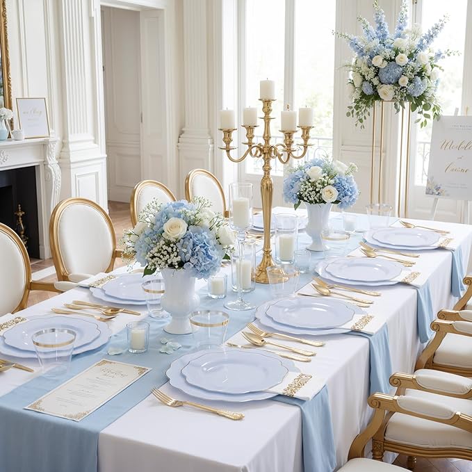 NOCCUR 175PCS Blue Plastic Plates with Gold Disposable Silverware - Include 50 Light Blue and Gold Plastic Plates,25 Knives,25 Forks,25 Spoons,25 Cups and 25 Napkins - Easter Day/Spring Party
