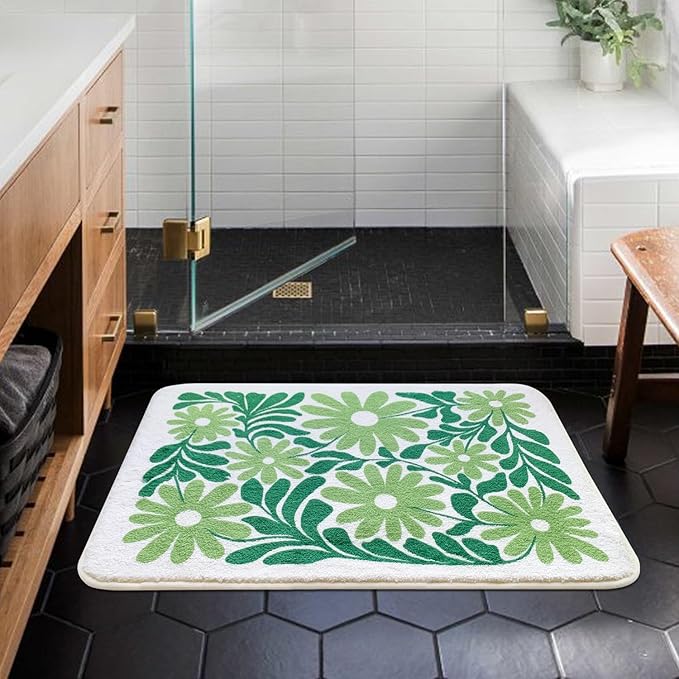 SHIYUE Cute Green Flower Bath Mat for Bathroom Rugs, Ultra Soft and Fluffy Microfiber Water Absorption Non Slip Mat for Bedroom Kitchen Bathroom Toilet Floors(18"Ć26")