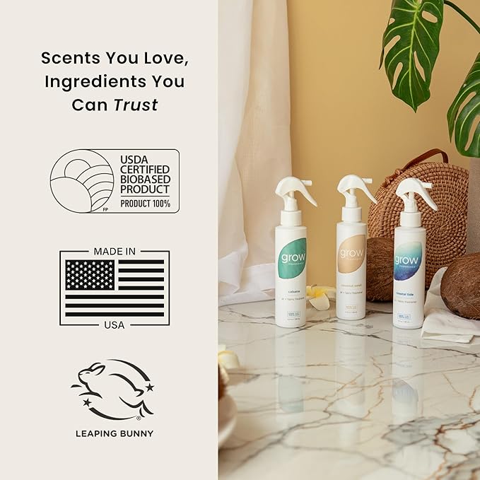 Grow Fragrance Certified Non Toxic, 100% Plant Based Fabric and Room Air Freshener Spray. Made with All Natural Essential Oils | Summer 3 Pack (Coconut Soleil, Cabana, Coastal Tide) 3 x 5oz