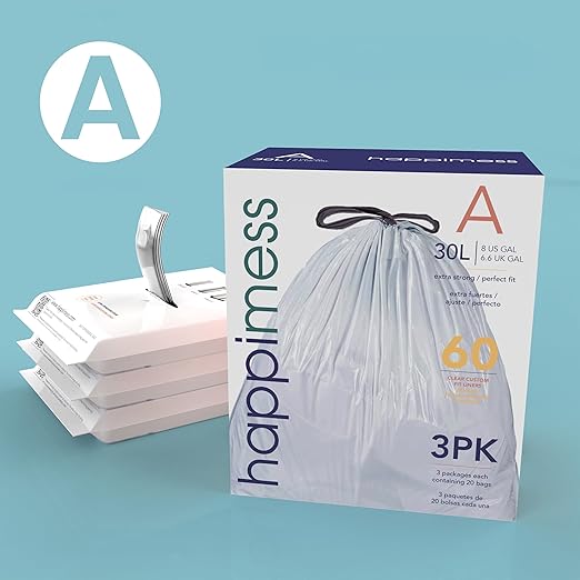 happimess 8 Gallon (30L) Drawstring Trash Bags, Unscented, Clear, Heavy Duty LDPE Liners for Kitchen and Household, Custom Fit, 40 Count (2 Packs of 20 Liners) HPM3000A-C-2SET