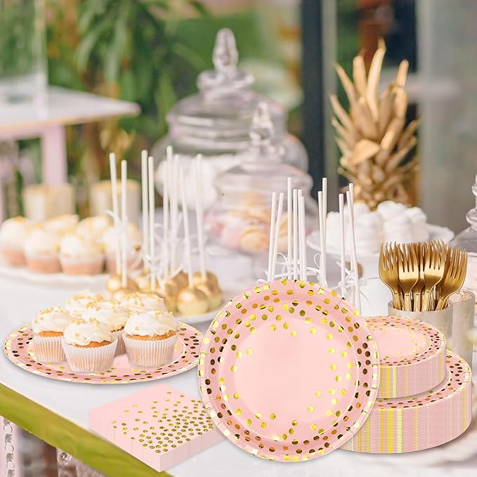 100 Pcs Pink and Gold Paper Plates and Napkins Party Supplies,Serves 25 Guests Pink Gold Plates and Napkins,Disposable Paper Tableware Set for Birthday Wedding Bridal Shower Baby Shower Decorations