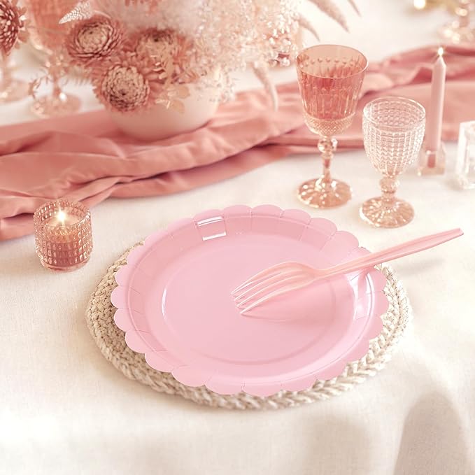 Pink Paper Plates and Napkins,7 Inch Pink Scalloped Disposable Dessert Plates Paper Napkin Fork Party Supplies for Mothers Day Wedding Baby Shower Birthday(25 Guest)