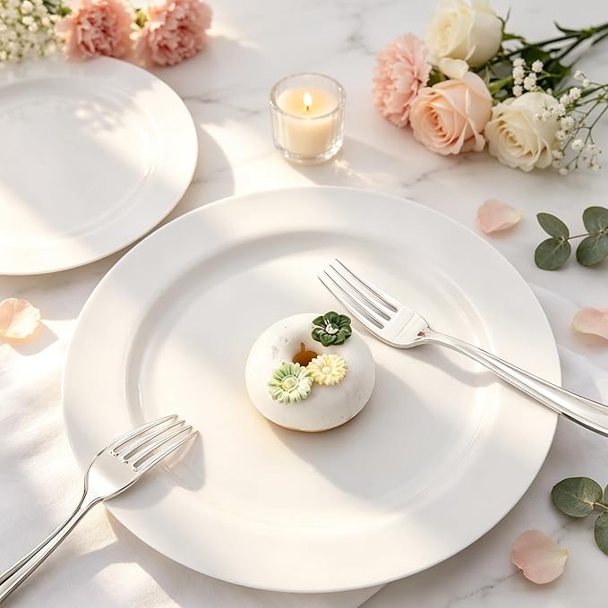 FLOWERCAT 60PCS White Plastic Plates - Heavy Duty White Disposable Plates for Mother's Day/Birthday Party/Wedding -serve for 30 guests Include 30PCS 10.25" & 30PCS 7.5" Plates for Party