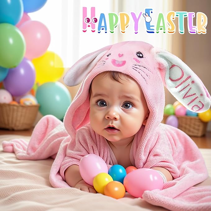 Baosity Custom Hooded Baby Towel with Name, Soft Absorbent Toddler Towel, Bunny Baby Bath Towels for Girls Boys, Personalized Easter Brithday Christmas for Baby, Toddler, Newborn Essential